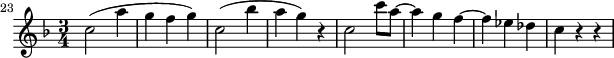 
\header {
  tagline = ##f
}

\score {
  \new Staff \with {

  }
<<
  \relative c'' {
    \key f \major
    \time 3/4
    \tempo 4 = 80
    \override TupletBracket #'bracket-visibility = ##f 
    %\autoBeamOff
    \set Staff.midiInstrument = #"string ensemble 1"
  \set Score.currentBarNumber = #23
  \bar ""

     %%% AB 5-3 th2
     c2( a'4 g f g) c,2( bes'4 a g) r4 c,2 c'8 a~ a4 g f4~ f ees des c r4 r4

  }
>>
  \layout {
    \context { \Score \remove "Metronome_mark_engraver"
    }
  }
  \midi {}
}
