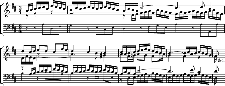 \new ChoirStaff << \override Score.BarNumber #'break-visibility = #'#(#f #f #f) \override Score.Rest #'style = #'classical
  \new Staff <<
  \new Voice \relative a' { \key d \major \time 3/4 \partial 8*5 \stemUp
    a16 b cis d e cis fis e d cis |
    b d cis d e d cis d e d cis b | a cis b a d2 ^~ |
    d4. e8 cis4 | d8 cis16 d e8 d cis fis16 e | d4 cis b |
    cis16 a b cis d e fis e d cis b a |
    b4 ^~ b16 cis a b cis b a g | fis8 }
  \new Voice \relative d' { \stemDown
    r8 r4 r | r2. | r8 d16 e fis g a fis b a g fis |
    e g fis g a g fis g a b fis e | d fis e d a'2 _~ | a4. b8 gis4 |
    a8 fis16 g! a8 g fis b16 a | g4 fis e | fis16 s_"&c." } >>
  \new Staff <<
  \new Voice \relative a { \clef bass \key d \major \stemUp
    s8 s2 | s2. s s | r8 a16 b cis d e cis fis e d cis |
    b d cis d e d cis d e d cis b | a cis b a d2 ^~ | d4. e8 cis4 d8 }
  \new Voice \relative a { \stemDown \tiny
    r8 r a[ d, fis] | g4 r8 e[ cis e] | d4 r8 fis[ g e] |
    a4 r8 a[ a, a'] | b4 r8 cis[ fis a,] | b4 r8 cis16 d e8 e, | \normalsize
    r8 d16 e fis g a fis b a g fis | e g fis g a g fis g a g fis e d s } >> >>