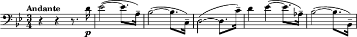 \relative c' { \clef bass \key g \minor \time 3/4 \tempo "Andante" r4 r r8. d16\p | es2~( es8. a,16--) bes2~( bes8. c,16--) d2~( d8. c'16--) d4 es~( es8. as,16--) bes2~( bes8. bes,16--) }