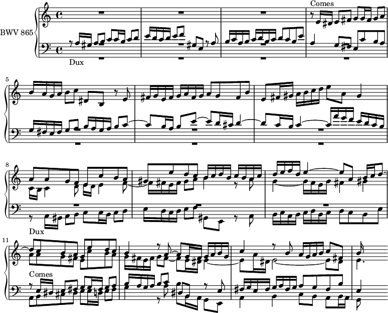 
\version "2.18.2"
\header {
  tagline = ##f
}

DuxNotes    = \relative { r8 a16 gis a8 b c c16 b c8 d e16 d c d e8 f gis,8 e r8 a8 b16 c a b c16 d b c d8 c b e }
Dux         = { s4*0_\markup{Dux} \DuxNotes }
Comes       = { s4*0^\markup{Comes} \transpose a e' \DuxNotes }

% Comes = \transpose a e' \Dux
% Comes       = { r8^\markup{Comes} e16 d e8 fis g g16 f g8 a b16 a g a b8 c dis, b r8 e8 fis16 g e fis g a fis g a8 g fis b }

upper = %\relative c' 
{
  \clef treble 
  \key a \minor
  \time 4/4
  \tempo 4 = 63
  \set Staff.midiInstrument = #"harpsichord" 

   %% FUGUE CBT I-20, BWV 847, la mineur

   R1*3 \Comes \relative { e'8 fis16 gis a b c d e8 a, gis4 } | 
   << { \relative { a'8 a g f e c' b a | gis e' d c b16 c d b c b a c | d e f d e4~ e8 a, b16 c d8~ | d c b a g e' d c | b4 r8 a8~ a g16 fis g a b g | c4 r8 b8 a16 g a b c8 fis, b16 } } \\ { \relative { c'16 b c4 d8 e16 d e4 f8~ f16 fis e fis gis8 a b4 r8 a8 | g4~ g16 f e g fis4 gis | a8 a g fis e c' b a | g16 fis e fis g8 fis8~ fis e16 dis e4~ | e8 a16 dis, e2~ e8 dis e4. } } >>

}

lower = %\relative c'
 {
  \clef bass 
  \key a \minor
  \time 4/4
  \set Staff.midiInstrument = #"harpsichord" 
    
  << { \relative c \Dux \relative { a4 g8 fis e c' b a | g16 fis e fis g8 a b16 a g a b8 c~ | c b16 a b8 e~ e d16 cis d4~ | d8 c16 b c4~ c16 a' g f e d c b } } \\ { R1*7 \transpose c c, { \Dux } \relative { a,8 b cis dis e e16 d e8 fis g4 r8 a8 b b,16 a g8 e a4 b c8 b a b16 a | g8 } } \\ { R1*10  \transpose c c, { \Comes }  e4 } >> %% Merci Xavier pour le \transpose c c, !
    
} 

\score {
  \new PianoStaff <<
    \set PianoStaff.instrumentName = #"BWV 865"
    \new Staff = "upper" \upper
    \new Staff = "lower" \lower
  >>
  \layout {
    \context {
      \Score
      \remove "Metronome_mark_engraver"
      \override SpacingSpanner.common-shortest-duration = #(ly:make-moment 1/2)
    }
  }
  \midi { }
}
