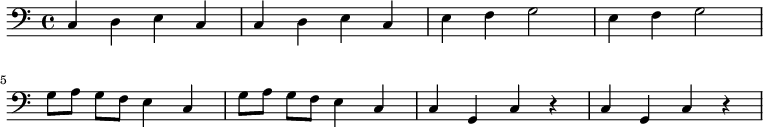  \relative c {
           \clef bass
           \key c \major
           \time 4/4
           \set Timing.beamExceptions = #'()
           \set Timing.baseMoment = #(ly:make-moment 1/4)
           \set Timing.beatStructure = #'(1 1 1 1)  
           \override Score.RehearsalMark.size = #4 
           \override Score.RehearsalMark.self-alignment-X = #LEFT 

       
          	  c4 d e4 c | c4 d e4 c|
	          e4 f4 g2  |e4 f4 g2 | \break
	        g8 a g f e4 c4 | g'8 a g f e4 c4 |
      		  c g c r4 | c g c r4 | 
           }
