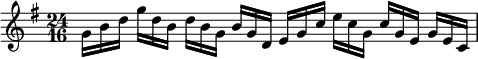 
\language "italiano"
\score {
    \relative do'' { 
      \clef treble
      \time 24/16
      \key sol \major
        sol16 si re sol re si re si sol si sol re mi sol do mi do sol do sol mi sol mi do |
    }
 \layout {
    \context { \Staff \RemoveEmptyStaves }
    indent = 0\cm
    line-width = #120
    \override Score.BarNumber #'stencil = ##f
  }
  \midi { }
}
\header { tagline = ##f}
