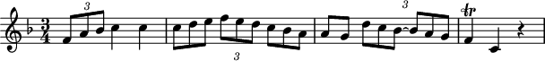 
\header {
 tagline = ##f
}

\score {
 \new Staff \with {

 }
<<
 \relative c' {
 \key f \major
 \time 3/4
 \override TupletBracket #'bracket-visibility = ##f 
 %\autoBeamOff

 %%%%%%%%%%%%%%%%%%%%%%%%%% K15m
 \times 2/3 { f8 a bes } c4 c \times 2/3 { c8 d e f e d c bes a } a8 g \times 2/3 { d'8 c bes~ bes a g } f4\trill c r4

 }
>>
 \layout {
 \context {
 \remove "Metronome_mark_engraver"
 }
 }
 \midi {}
}
