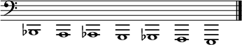 
{
  \override Staff.TimeSignature #'stencil = ##f 
  \clef bass 
  \cadenzaOn
  \relative c, { bes1 a aes g ges f e }
  \cadenzaOff
  \bar "|."
}
