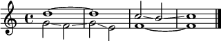 \new Staff <<
     \new Voice \relative c' {
       \stemUp
       d'1~
       d
       c2\glissando b\glissando
       c1
       \bar "|."
     }
     \new Voice \relative c' {
       \stemDown
       g'2\glissando f\glissando
       g\glissando e
       f1~
       f
     }
>>