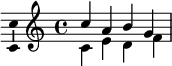 
\sourcefileline 100
\new Staff \with {
  \consists Ambitus_engraver
}
<<
  \new Voice {
    \relative c'' {
      \voiceOne
      c4 a b g
    }
  }
  \new Voice {
    \relative c' {
      \voiceTwo
      c4 e d f
    }
  }
>>
