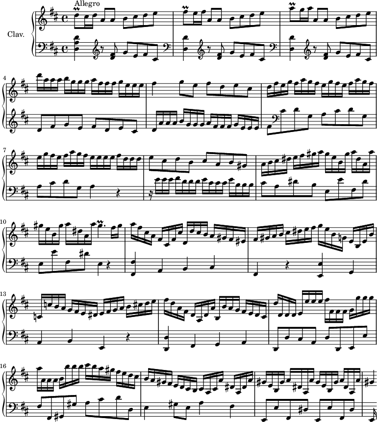 
\version "2.18.2"
\header {
  tagline = ##f
  % composer = "Domenico Scarlatti"
  % opus = "K. 435"
  % meter = "Allegro"
}

%% les petites notes
trillGisp     = { \tag #'print { gis4.\prall } \tag #'midi { a32 gis a gis~ gis4 } }
trillFisq     = { \tag #'print { fis8\prall } \tag #'midi { g32 fis g fis } }
trillAq       = { \tag #'print { a8\prall } \tag #'midi { b32 a b a } }
trillDq       = { \tag #'print { d8\prall } \tag #'midi { e32 d e d } }

upper = \relative c'' {
  \clef treble 
  \key d \major
  \time 4/4
  \tempo 4 = 118
  \set Staff.midiInstrument = #"harpsichord"
  \override TupletBracket.bracket-visibility = ##f

      s8*0^\markup{Allegro}
      \trillDq cis16 d a8 a b cis d e | \trillFisq e16 fis a,8 a b cis d e | \trillAq g16 a a,8 a b cis d e |
      % ms. 4
      d'16 a a a b g g g a fis fis fis g e e e | fis4 g8 e fis d e cis | d16 fis e g fis a g fis \repeat unfold 2 { e16 g fis e fis a g fis } |
      % ms. 7 suite
      e e e e fis d d d | e8 cis d b cis a b gis | a16 b cis dis e fis gis a gis e b gis' a dis, a a' |
      % ms. 10
      gis e b gis' a dis, a a' \trillGisp fis16 gis  | a16 fis cis a fis cis fis cis' d, d' cis b a gis fis eis | fis gis a b cis dis e fis g e b g e b e b' |
      % ms. 13
      c, c' b a g fis e dis e fis g a b cis d e | fis d a fis d a d a' b, b' a g fis e d cis  | d' d, d d e e' e e  fis fis, fis fis g g' g g |
      % ms. 16
      a16 a, a a b b' b b cis b a gis fis e d cis | b a gis fis e d cis b cis a cis a' dis, a dis a' | \repeat unfold 2 { gis e b gis' a dis, a a' } |
      % ms. 19
      gis4*1/4

}

lower = \relative c' {
  \clef bass
  \key d \major
  \time 4/4
  \set Staff.midiInstrument = #"harpsichord"
  \override TupletBracket.bracket-visibility = ##f

    % ************************************** \appoggiatura a8  \repeat unfold 2 {  } \times 2/3 { }   \omit TupletNumber 
      < d, a' d >4  \repeat unfold 2 { \clef treble  r8 < d' fis >8 g e fis cis |   \clef bass < d, d' >4 } \clef treble  r8 < d' fis >8 g e fis cis | 
      % ms. 4
      d8 fis g e fis d e cis | d16 a' a a b g g g a fis fis fis g e e e | fis8  \clef bass cis d g, a cis d g, |
      % ms. 7
      a8 cis d g, a4 r4  | r16 e'16 e e fis d d d e cis cis cis e b b b | cis8 a dis b e, e' fis, dis' |
      % ms. 10
      e,8 e' fis, dis' e,4 r4 | < fis, fis' >4 a4 b cis | fis, r4 < e e' > g 
      % ms. 13
      a4 b e, r4 | < d d' >4 fis4 g a | d,8 d' cis a d d, e e' |
      % ms. 16
      fis8 fis, gis gis' a cis d d, | e4 gis8 e a4 fis | \repeat unfold 2 { e,8 e' fis, dis' } | % comment arrêter ça ?
      % ms. 19
      e,16

}

thePianoStaff = \new PianoStaff <<
    \set PianoStaff.instrumentName = #"Clav."
    \new Staff = "upper" \upper
    \new Staff = "lower" \lower
  >>

\score {
  \keepWithTag #'print \thePianoStaff
  \layout {
      #(layout-set-staff-size 17)
    \context {
      \Score
     \override SpacingSpanner.common-shortest-duration = #(ly:make-moment 1/2)
      \remove "Metronome_mark_engraver"
    }
  }
}

\score {
  \keepWithTag #'midi \thePianoStaff
  \midi { }
}
