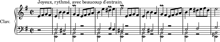 
\version "2.18.2"
\header {
  tagline = ##f
  % composer = "Jean-Philippe Rameau" 
  % opus = "K. 499"
  % meter = "Andante"
}

%% les petites notes
trillG         = { \tag #'print { g4\prall } \tag #'midi { a16 g a g  } }
trillDis       = { \tag #'print { dis4\prall } \tag #'midi { e16 dis e dis  } }
trillFis       = { \tag #'print { fis2\prall } \tag #'midi { g16 fis g fis~ fis4  } }
arpegis        = { \tag #'print { << { g'2 } \\ { < e, b' >2\arpeggio } >> } \tag #'midi { \grace { e8~ b' gis'~ } < e b' g' >2 } }


upper = \relative c'' {
  \clef treble 
  \key e \minor
  \time 2/2
  \tempo 2 = 120
  \set Staff.midiInstrument = #"harpsichord"
  \override TupletBracket.bracket-visibility = ##f

\partial 2
      s8*0^\markup{Joyeux, rythmé, avec beaucoup d'entrain.}
      e,8 fis g fis | e4 b' b a | \trillG fis4 e8 fis g a | b4 e \trillDis e4 | \trillFis  e,8 fis g fis |
      % ms. 5
      e4 b' b a | \trillG fis4 e8 fis g a | b4 e dis8 e fis dis | e2 |
      % ms. x
      
      % ms. x
      
      % ms. x
      

}

lower = \relative c {
  \clef bass
  \key e \minor
  \time 2/2
  \set Staff.midiInstrument = #"harpsichord"
  \override TupletBracket.bracket-visibility = ##f

    % ************************************** \appoggiatura a16  \repeat unfold 2 {  } \times 2/3 { }   \omit TupletNumber 
      r2 | << { e2 dis | e r2 | e2 fis4 e | dis2 r2 | e2 dis | e r2 e2 fis } \\ { \repeat unfold 7 { < e, b' >2 r2 } } >> 
      % ms. 8
      \arpegis % << { g'2\arpeggio } \\ { < e, b' >2\arpeggio } >>
      % ms. x
      
      % ms. x
      
      % ms. x
      

}

thePianoStaff = \new PianoStaff <<
    \set PianoStaff.instrumentName = #"Clav."
    \new Staff = "upper" \upper
    \new Staff = "lower" \lower
  >>

\score {
  \keepWithTag #'print \thePianoStaff
  \layout {
      #(layout-set-staff-size 17)
    \context {
      \Score
     \override SpacingSpanner.common-shortest-duration = #(ly:make-moment 1/2)
      \remove "Metronome_mark_engraver"
    }
  }
}

\score {
  \keepWithTag #'midi \thePianoStaff
  \midi { }
}
