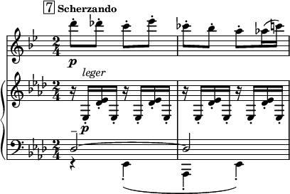 
<<
    \new Staff="clar" \relative c'' {
      \transposition bes
      \set Staff.midiInstrument = #"clarinet"
      \clef treble
      \time 2/4
      \key bes \major
      
      \mark \markup { \box "7" \bold \small "Scherzando"} 
      d'8-.\p des-. c-. ees-. | ces8-. bes-. a-. aes16( c) 
    }
    
    \new PianoStaff {
      <<
        \new Staff="one" \relative c {
          \clef treble
          \key aes \major 
          \time 2/4
          
          r16 ees-.\p^\markup { \italic "leger" } << ees' des-. >> ees,-. 
          \repeat unfold 3 { r16 ees-. << ees' des-. >> ees,-.  }
        }
        
        \new Staff="two" \relative c {
          \clef bass
          \key aes \major
          \time 2/4
          
          << { des2--~ | des2 } \\
             { r4 ees,-.( | aes,4-. ees'-.) } >>
        }
      >>
    }
  >>
