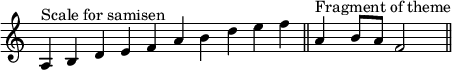 \new Voice \relative c' { \time 4/4 \override Score.TimeSignature #'stencil = ##f \cadenzaOn a4^\markup { "Scale for samisen" } b d e f a b d e f \cadenzaOff \bar "||" a,^\markup { "Fragment of theme" } b8 a f2 \bar "||" }