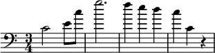 
\relative c' {  \time 3/4  \clef bass  c2 |e8 c' g'2.  f4 e d c4 c, r4 }
