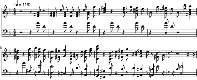 
<<
  \new Voice="melody" \relative c'' {
    \autoBeamOff
    %\voiceOne
    \language "deutsch"
    \key f \major
    \time 3/4
    % \override FirstVoice.DynamicText.direction = #UP
    \clef "treble" \numericTimeSignature\time 4/4 \key d \major | % 1
    \tempo "" 4=118 r2 \stemDown b4 \stemUp <a fis d>8 r8 | % 2
    \stemUp <d, a' fis>8. \stemUp d'16 \stemUp <d, a' fis>8 \stemUp <d
        a'>8 \stemUp <d a' fis>8. \stemUp d'16 \stemDown <a fis>8
    \stemDown <b g'>8 | % 3
    \stemUp <d fis a,>4 r4 \stemDown <d fis a,>8. \stemDown g16
    \stemDown <g, cis fis>8 \stemDown e'8 | % 4
    \stemDown a,8. \stemDown g'16 \stemDown <fis g, cis>8 \stemDown e8
    \stemDown a,8. \stemDown b'16 \stemDown <fis, a a' d,>4 | % 5
    \stemDown <d fis d' fis>4 r4 \stemDown <a' d a'>8. \stemDown <b' b,>16
    \stemDown <e, a>8 \stemDown <g, g'>8 | % 6
    \stemDown <e' e,>8. \stemDown <fis fis,>16 \stemUp <g g,>4 \stemDown
    <d, g d'>16 \stemDown ais'8 \stemDown e'16 \stemDown <d fis, fis'>8
    \stemDown <fis a>8 | % 7
    \stemDown <d, d' d' a>4 r4 \stemDown <d' d, g>8. \stemDown e16
    \stemDown <fis, fis' d>8 \stemDown <a a'>8 | % 8
    r4 \stemDown <g cis fis>4 \stemDown e'8 r8 \stemDown <d fis,>8.
    \stemDown a16 | % 9
    \stemDown d8. r2 r4 r16
  }

  \new Voice="melody" \relative c'' {
    \autoBeamOff
    %\voiceOne
    \language "deutsch"
    \key f \major
    \time 3/4
    % \override FirstVoice.DynamicText.direction = #UP
    \clef "bass" \numericTimeSignature\time 4/4 \key d \major | % 1
    r2 r4 \stemDown a8 \stemDown d,8 | % 2
    r4 \stemDown a'8 \stemDown d,8 r4 \stemDown a'8 \stemDown d,8 | % 3
    r4 \stemDown a'8 \stemDown d,8 r4 \stemDown a'8 \stemDown d,8 | % 4
    r4 \stemUp <d, a''>8 \stemUp d'8 r2 | % 5
    r4 \stemDown a'4 \stemUp fis,8. r16 \stemUp <e' e,>8 r8 | % 6
    \stemDown <d, d'>8. r16 \stemUp cis4 \stemUp b16 \stemUp b'8 r16
    \stemUp <a, a'>8 r8 | % 7
    \stemUp <g g'>4 \stemUp <fis' fis,>4 \stemUp <b, b'>8. r16 \stemUp
    <a' a,>8 r8 | % 8
    \stemUp <b, b'>4 \stemUp <ais' ais,>4 r8 \stemUp <a, a'>8 \stemDown
    d'8. r16 | % 9
    r8 r16 \stemUp a16 \stemUp <d d,>2.
}
  \new Lyrics \lyricsto "melody"  {
   }
>>
