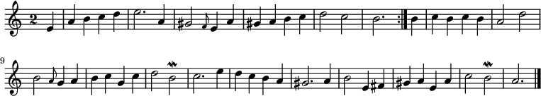 
\relative c' {
  \key a \minor
  \override Staff.TimeSignature #'style = #'single-digit
  \time 2/2
  \partial 4
  \repeat volta 2 {
    e
    a b c d
    e2. a,4
    gis2 \grace f8 e4 a
    gis a b c
    d2 c
    b2.
  } b4
  c b c b
  a2 d

  b \grace a8 g4 a
  b c g c
  d2 b\mordent
  c2. e4
  d c b a
  gis2. a4
  b2 e,4 fis
  gis a e a
  c2 b\mordent
  a2.
  \bar "|."
}
