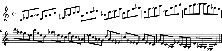 
{

\modalTranspose c c' { c d ees g aes } { c8 ees g aes } 
\modalTranspose c d' { c d ees g aes } { c ees g aes } 
\modalTranspose c ees' { c d ees g aes } { c ees g aes } 
\modalTranspose c g' { c d ees g aes } { c ees g aes } 
\modalTranspose c aes' { c d ees g aes } { c ees g aes } 
\modalTranspose c c'' { c d ees g aes } { c ees g aes } 
\modalTranspose c d'' { c d ees g aes } { c ees g aes } 
\modalTranspose c ees'' { c d ees g aes } { c ees g aes } 
\modalTranspose c g'' { c d ees g aes } { c ees g aes } 

\modalInversion c ees''' { c d ees g aes } { c ees g aes } 
\modalInversion c d''' { c d ees g aes } { c ees g aes } 
\modalInversion c c''' { c d ees g aes } { c ees g aes } 
\modalInversion c aes'' { c d ees g aes } { c ees g aes } 
\modalInversion c g'' { c d ees g aes } { c ees g aes } 
\modalInversion c ees'' { c d ees g aes } { c ees g aes } 
\modalInversion c d'' { c d ees g aes } { c ees g aes } 
\modalInversion c c'' { c d ees g aes } { c ees g aes } 
\modalInversion c aes' { c d ees g aes } { c ees g aes } 
\modalInversion c g' { c d ees g aes } { c ees g aes } 
\modalInversion c ees' { c d ees g aes } { c ees g aes } 
\modalInversion c d' { c d ees g aes } { c ees g aes } 

c'2

\bar "|."
}
