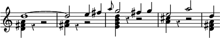 { \new Staff << \override Score.Rest #'style = #'classical \override Score.TimeSignature #'stencil = ##f \time 4/4
\new Voice \relative d'' { \stemUp
  d1 ^~ d2 e4 fis | \grace a8 g2 fis4 g | e2 a | d,4 }
\new Voice \relative d' { \stemDown
  <d fis a>4 r r2 | <fis a>4 r r2 | <e g b d>4 r r2 |
  <a cis>4 r r2 | <a fis d>4 } >> }