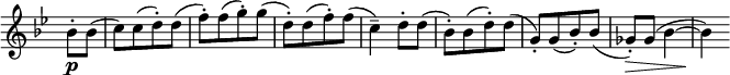 
\relative c'' \new Staff \with { \remove "Time_signature_engraver" } {
 \key g \minor \time 2/4 \set Score.tempoHideNote = ##t \tempo "" 4=120 \partial 4
 bes8-.\p bes( c) [ c( d-.) d] ( f-.) [ f( g-.) g] ( d-.) [ d( f-.) f] ( c4--) d8-. d(
 bes-.) [ bes( d-.) d] ( g,-.) [ g( bes-.) bes] ( ges-.) \> ges( bes4~ bes\! )
}
