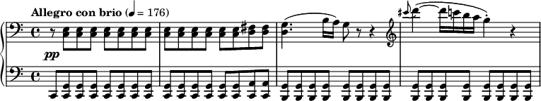  { #(set-global-staff-size 18) {\ new PianoStaff << \ new Staff {\ relative c {\ once \ override DynamicLineSpanner.staff-padding = #4 \ clef bas \ time 4/4 \ tempo "Allegro con brio "4 = 176 \ override DynamicLineSpanner.staff-padding = #2.5 r8 \ pp <ce> <ce> <ce> <ce> <ce> <ce> <ce> <ce> <ce> <ce> < ce> <ce> <ce> <d fis> <d fis> <dg> 4. (b'16 a) g8 r r4 \ clef diskant \ grace {cis''8 (} d4 ~) (d16 cba g4- .) r4}} \ ny personal {\ relativ c, {\ clef bas c8 <c g '> <c g'> <c g '> <c g'> <c g '> <c g'> <c g '> <c g'> <c g '> <c g'> <c g '> <c g'> <c g '> <c a'> <c a '> <b g'> <b g '> <b g'> <b g '> <b g'> <b g '> <b g'> <b g '> <b g'> <b g '> <b g'> <b g '> <b g'> [<b g '> <b g'> <b g '>]}} >>}} 
