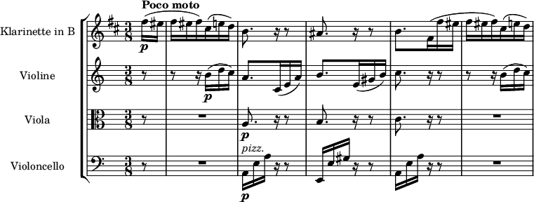  \layout { indent = 30 } \new StaffGroup <<
\new Staff \with { instrumentName = "Klarinette in B" midiInstrument = #"clarinet" } \relative b'' { \transposition bes
\clef treble \key b \minor \hide Score.MetronomeMark \time 3/8 \tempo 8 = 116 \partial 8 fis16\p(^\markup { \bold "Poco moto" } eis | \tempo 8 = 128 fis16 eis \tempo 8 = 156 fis) cis-\shape #'((0 . 0.8) (-0.4 . 1.5) (0 . 0.3) (0 . 0.5))( e d) |  b8. r16 r8 | ais8. r16 r8 | \once \stemDown b8. \tempo 8 = 132 fis16( fis' eis | \tempo 8 = 144 fis16 eis\tempo 8 = 156 fis) cis-\shape #'((0 . 0.8) (-0.4 . 1.5) (0 . 0.3) (0 . 0.5))( e d) | }
\new Staff \with { instrumentName = "Violine" midiInstrument = #"violin" } \relative a' { \clef treble \partial 8 r8 | r8 r16 b\p( d c) | a8. c,16(e a) | b8. e,16( gis b) | c8. r16 r8 | r8 r16 b( d c) | }
\new Staff \with { instrumentName = "Viola" midiInstrument = #"viola" } \relative a' { \clef alto \partial 8 r8 | R4. a,8.\p r16 r8 | b8. r16 r8 | c8. r16 r8 | R4. | }
\new Staff \with { instrumentName = "Violoncello" midiInstrument = #"pizzicato strings" } \relative a, { \clef bass \partial 8 r8 | R4. | a16\p^\markup { \italic pizz. } e' a r16 r8 | e,16 e' gis r16 r8 | a,16 e' a r16 r8 | R4. | }
>> 