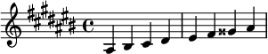  \relative c' { \clef treble\key ais \minor ais bis cis dis | eis fis gisis ais } 