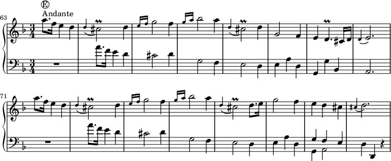 
\version "2.18.2"
\header {
  tagline = ##f
  % composer = "Domenico Scarlatti"
  % opus = "K. 282 suite"
  % meter = "Allegro"
}

%% les petites notes
trillCisb     = { \tag #'print { cis2\prall } \tag #'midi { d32 cis d cis~ cis4. } }
trillDp       = { \tag #'print { d4.\prall } \tag #'midi { e32 d e d~ d4 } }
appoCisD      = { \tag #'print { \appoggiatura cis4 d2. } \tag #'midi { cis2 d4 } }
appoCE        = { \tag #'print { \appoggiatura d4 e2. } \tag #'midi { d2 e4 } }
upper = \relative c'' {
  \clef treble 
  \key d \minor
  \time 3/4
  \tempo 4 = 96
  \set Score.currentBarNumber = #63
  \bar "||"	

      s8*0^\markup{Andante}
      s8*0^\markup { \circle { E }}
      a'8. f16  e4 d | \appoggiatura d4 \trillCisb d4 | \grace {   \tempo 4 = 66 e16 f }   \tempo 4 = 96 g2 f4 | \grace {   \tempo 4 = 66 g16 a }   \tempo 4 = 96 bes2 a4 | \appoggiatura d,4 \trillCisb d4 | g,2 f4 
      % ms. 69
      e4 \trillDp cis16 d | \appoCE | a'8. f16  e4 d | \appoggiatura d4 \trillCisb d4 | \grace {   \tempo 4 = 66 e16 f }   \tempo 4 = 96 g2 f4 | \grace {   \tempo 4 = 66 g16 a }   \tempo 4 = 96 bes2 a4 | \appoggiatura d,4 \trillCisb d8. e16 |
      % ms. 76
      g2 f4 | e d cis | \appoCisD |

}

lower = \relative c' {
  \clef bass
  \key d \minor
  \time 3/4

    % ************************************** \appoggiatura a16  \repeat unfold 2 {  } \times 2/3 { }   \omit TupletNumber 
      R2. | a'8. f16 e4 d | cis2 d4 | g,2 f4 | e2 d4 | e a d, |
      % ms. 69
      g,4 g' bes, | a2. | R2. | a''8. f16 e4 d | cis2 d4 | g,2 f4 | e2 d4 |
      % ms. 76
      e a d, | << { g4 f e } \\ { g,4 a2 } >> | d4 d, r4 | 

}

thePianoStaff = \new PianoStaff <<
    \set PianoStaff.instrumentName = #""
    \new Staff = "upper" \upper
    \new Staff = "lower" \lower
  >>

\score {
  \keepWithTag #'print \thePianoStaff
  \layout {
    indent = #0
      #(layout-set-staff-size 17)
    \context {
      \Score
     \override TupletBracket.bracket-visibility = ##f
     \override SpacingSpanner.common-shortest-duration = #(ly:make-moment 1/2)
      \remove "Metronome_mark_engraver"
    }
  }
}

\score {
  \keepWithTag #'midi \thePianoStaff
  \midi { \set Staff.midiInstrument = #"harpsichord" }
}
