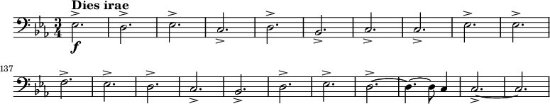  
    \relative c {
        \set Score.tempoHideNote = ##t \tempo 2 = 86
        \set Staff.midiInstrument = #"trombone"

        \set Score.currentBarNumber = #127
        \key c \minor
        \time 3/4
        \clef bass
      
        es2.->\f^\markup { \large \bold "Dies irae" }
        d->
        es->
        c->
        d->
        bes->
        c->
        c->
        es->
        es-> \break
        f->
        es->
        d->
        c->
        bes->
        d->
        es->
        d~->
        d4.~ d8 c4
        c2.~->
        c2.
    }

