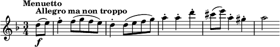 
\version "2.18.2"
\relative c'' {\set Staff.midiInstrument = #"violin"
  \key d \minor
  \time 3/4
  \tempo "Menuetto"
  \tempo 4 = 172
  \partial 4 d8^\markup\bold{Allegro ma non troppo} \f (e)
  f4-. f8 (g f e)
  d4-. d8 (e f g)
  a4-. a-. d-. 
  cis8 (e) a,4-. gis-.
  a2
}
