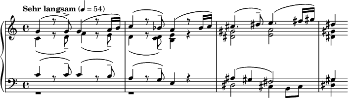 
{ \new PianoStaff << \new Staff = "RH" \relative c' { \clef treble \time 4/4 \tempo "Sehr langsam" 4 = 54 << { g'( r8 g->) g4( r8 a16 b) c4( r8 bes--) a4( r8 bes16( c)) cis4.( dis8--) e4.( fis16( gis)) dis4 } \\ { c,4( r8 d--) f4( r8 e --) d4( r8 <dc>8--) <eb>4 r <gis dis>2 <ae> <gis dis>4 } >> } \new Staff = "LH" \relative c' { \clef bass \time 4/4 << { c( r8 c--) c4( r8 b--) a4( r8 g--) e4 r ais( gis fis2) gis4 } \\ { r1 r dis2 cis4 b8 cis <dis gis >4 } >> } >> }
