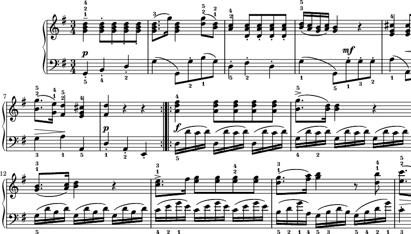 
\paper { #(set-paper-size "a3") oddHeaderMarkup = \evenHeaderMarkup }
\header { tagline = ##f }
\version "2.18.2"
\score {
\midi {  }
\layout { line-width = #260
indent = 2\cm}
\new PianoStaff <<
\new Staff = "up" { \clef "violin" \key g \major \time 3/4 \relative g' {
<g b d>4---1-2-4 <g b d>8-.[<g b d>_. <g b d>_. <g b d>_.] | <g b d>8.-3([g'16]) <g, b d>4 <d' g>8-2-5([<b d>-1-2]) | \stemUp <a c>4-2-4 <d, a' c>8-.[<d a' c>-. <d a' c>-. <d a' c>-.] | <b' d>16-3-5([<a c> <g b> <a c>]) <g b>4 r | <e g cis>-4 <e g cis>8[<e g cis> <e g cis> <e g cis>] | <fis d'>8.-1-3[<g e'>16-1-4] \stemNeutral <a fis'>4-1-5 r8 <a fis'>8-1-4 | 
<b g'>8.-2-5([<g e'>16-1-4]) <fis d'>4-2-5 <e g cis>-4 | <fis d'> r r \bar ":|.|:" <a d fis>-4 <a d fis>8[<a d fis> <a d fis> <a d fis>] | <b g'>8.^>-5([<b d>16]) <b d>4 r | <a c>-2-4 <a c>8[<a c> <a c> <a c>] | 
<g b>8.-1-3([<a c>16]) <b d>4 r | <c e>8.^>-1-3[fis16] <e g>8[<e g> <e g>-2-4 <e g>] | <d g>8.-1-3([<fis a>16]) <g b>4 r8 <d b'>-1-4 | <e c'>8.-2-5([<c a'>16-4]) <b g'>4-2-5 <a fis'>-1-4 | <b g'> r r \bar ":|."
} }
\new Staff = "down" { \clef "bass" \key g \major \time 3/4 \relative a, {
g4-._5^\p b-._4 \stemUp d-._2 | \stemNeutral g(g,8)[g'-._2 b_1(g)] | d4-._5 fis-._2 d-. | \stemDown g_1(g,8_5)[g'-._1^\mf g-._3 g-._2] | a4_1(a,8)^\<[a'-._1 a-._3 a-._2] \! | d4_1(d,8)^\<[d'-._1 d-._2 d-._1] | 
g,4_3^\> a_1\! \stemUp a,_5 | d-._1^\p a-._2 e-. \stemNeutral | d'16_5(^\f [d' c d]) d,([d' c d]) d,([d' c d]) | g,_4([d' c_2 d]) g,([d' c d]) g,([d' c d]) | d,_5([d' fis,_3  d']) d,([d' fis, d']) d,([d' fis, d']) | g,_5([d' b d]) g,([d' b d]) g,([d' b d]) | c_4([e_2 g_1 e]) c([e g e]) c([e g e]) | b_5([d_2 g_1 a,_4]) g_5([b_3 d b]) g_5([b_4 d_2 g_1]) | c,4-._3^\> d-._1\! d,-. | g-._1 d-._2 g,-. |
} }
>> }