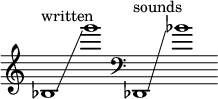 
    {
      \new Staff \with { \remove "Time_signature_engraver" }
      \clef treble \key c \major ^ \markup "written" \cadenzaOn
      bes1 \glissando g'''1
      \clef bass des,1 ^ \markup "sounds" \glissando bes'1
    }
  