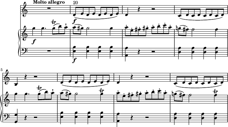 
\header {
 tagline = ##f
}
upper = \relative c'' {
 \key c \major
 \time 2/2
 \omit Staff.TimeSignature
 \tempo 4 = 170
 \set Staff.midiMinimumVolume = #0.2 \set Staff.midiMaximumVolume = #0.5
 
 g'4\f g4. g8\trill (b) a-!
 a (gis) gis2 gis4
 a8-. e-. fis-. gis-. a-.b-. c-. a-.
 g! (fis) fis2 fis4
 g4 g4. g8\trill (b) a-!
 a (gis) gis2 gis4\trill
 a8-. e-. fis-. gis-. a-.b-. c-. a-.
 g! (fis) fis2 fis4\trill
 }
 
lower = \relative c {
 \clef bass 
 \key c \major
 \time 2/2
 \omit Staff.TimeSignature
 R1 <e b'>4\f <e b'> <e b'> <e b'>
 <a, a'> r r2
 <d a'>4 <d a'> <d a'> <d a'>
 <g, g'> r r2
 <e' b'>4 <e b'> <e b'> <e b'>
 <a, a'> r r2
 <d a'>4 <d a'> <d a'> <d a'>
 }
 
 vl = \relative c' {
 \key c \major
 \time 2/2
 \omit Staff.TimeSignature
 R1^ \markup \bold {{"Molto allegro"}}
 d8\f ^ \markup{ 20} (e d e d e d e) 
 d4 r r2
 c8 (d c d c d c d)
 b4 r r2
 d8 (e d e d e d e) 
 d4 r r2
 c8 (d c d c d c d)
 } 
\score {
 \new GrandStaff <<
 \new PianoStaff << 
 \new Staff = "upper" \upper
 \new Staff = "lower" \lower
 \set Staff.midiMinimumVolume = #0.2 \set Staff.midiMaximumVolume = #0.5
 >>
 \new Staff = "vl" \vl
 >>
 \layout {
 \context {
 \Score
 \remove "Metronome_mark_engraver"
 }
 }
 \midi { }
}
