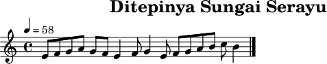
X:1
L:1/4
T:Ditepinya Sungai Serayu
M:4/4
K:C
Q:1/4=58
C:
E/2 F/2 G/2 A/2 G/2 F/2 E F/2 G E/2 F/2 G/2 A/2 B/2 c/2 B |]
