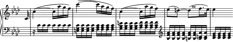 
 \relative c' {
 \new PianoStaff <<
 \new Staff \with { \remove "Time_signature_engraver" } { \key aes \major \time 2/4 \partial 32
 \override TextScript #'avoid-slur = #'inside
 \override TextScript #'outside-staff-priority = ##f
 c32 c'4~( c16 aes' g f) c'4~( c16 aes g f) c4~( c16 aes' g f)
 es8( d)~
 d(^\markup
 \override #'(baseline-skip . 1) {
 \halign #-3
 \tiny \musicglyph #"scripts.turn"
 }
 f16. es32) es4
 }
 \new Staff \with { \remove "Time_signature_engraver" } { \key aes \major \time 2/4 \clef bass \partial 32
 s32 r16 c, c c c c c c
 <c g e> <c g e> <c g e> <c g e>
 <c aes f> <c aes f> <c aes f> <c aes f>
 <e bes g> <e bes g> <e bes g> <e bes g>
 <f c aes> <f c aes> <f c aes> <f c aes>
 \clef treble <aes f bes,> <aes f bes,> <aes f bes,> <aes f bes,>
 <aes f b,> <aes f b,> <aes d, b> <aes d, b>
 <g es c> <g es c> <g es c> <g es c>
 }
 >>
 }
