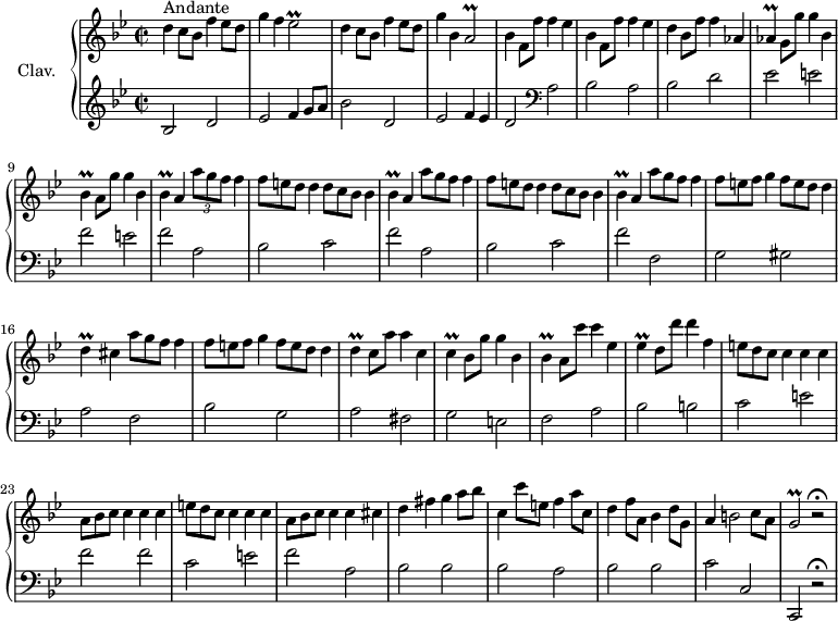 
\version "2.18.2"
\header {
 tagline = ##f
 % composer = "Domenico Scarlatti"
 % opus = "K. 310"
 % meter = "Andante"
}

%% les petites notes
trillEesb = { \tag #'print { ees2\prall } \tag #'midi { f32 ees f ees~ ees8~ ees4 } }
trillAb = { \tag #'print { a2\prall } \tag #'midi { bes32 a bes a~ a8~ a4 } }
trillAes = { \tag #'print { aes4\prall } \tag #'midi { bes32 aes bes aes~ aes8 } }
trillBes = { \tag #'print { bes4\prall } \tag #'midi { c32 bes c bes~ bes8 } }
trillEes = { \tag #'print { ees4\prall } \tag #'midi { f32 ees f ees~ ees8 } }
trillC = { \tag #'print { c4\prall } \tag #'midi { d32 c d c~ c8 } }
trillD = { \tag #'print { d4\prall } \tag #'midi { e32 d e d~ d8 } }
trillGb = { \tag #'print { g2\prall } \tag #'midi { a32 g a g~ g8~ g4 } }

upper = \relative c'' {
 \clef treble 
 \key bes \major
 \time 2/2
 \tempo 2 = 72
 \set Staff.midiInstrument = #"harpsichord"
 \override TupletBracket.bracket-visibility = ##f

 s8*0^\markup{Andante}
 d4 c8 bes f'4 ees8 d | g4 f \trillEesb | d4 c8 bes f'4 ees8 d | g4 bes, \trillAb | \repeat unfold 2 { bes4 f8 f' f4 ees } |
 % ms. 7
 d4 bes8 f' f4 aes, | \trillAes g8 g' g4 bes,4 | \trillBes a8 g' g4 bes, | \repeat unfold 2 { \trillBes a4 \times 2/3 { a'8 g f } f4 \omit TupletNumber 
 % ms. 11
 \times 2/3 { f8 e d } d4 \times 2/3 { d8 c bes } bes4 } | \trillBes a4 \times 2/3 { a'8 g f } f4
 % ms. 15
 \times 2/3 { f8 e f } g4 \times 2/3 { f8 e d } d4 | \trillD cis4 \times 2/3 { a'8 g f } f4 | \times 2/3 { f8 e f } g4 \times 2/3 { f8 e d } d4 | \trillD c8 a' a4 c, |
 % ms. 19
 \trillC bes8 g' g4 bes, | \trillBes a8 c' c4 ees, | \trillEes d8 d' d4 f, | \times 2/3 { e8 d c } c4 c c |
 % ms. 23
 \times 2/3 { a8 bes c } c4 c c | \times 2/3 { e8 d c } c4 c c | \times 2/3 { a8 bes c } c4 c cis | d fis g a8 bes
 % ms. 27
 c,4 c'8 e, f4 a8 c, | d4 f8 a, bes4 d8 g, | a4 b2 c8 a | \trillGb r2\fermata |

}

lower = \relative c' {
 \clef bass
 \key bes \major
 \time 2/2
 \set Staff.midiInstrument = #"harpsichord"
 \override TupletBracket.bracket-visibility = ##f

 % ************************************** \appoggiatura a16 \repeat unfold 2 { } \times 2/3 { } \omit TupletNumber 
 \clef treble bes2 d | ees f4 g8 a | bes2 d, | ees f4 ees | d2 \clef bass a |
 % ms. 6
 bes2 a | bes d | ees e | f e | \repeat unfold 2 { f a, |
 % ms. 14…
 bes2 c } | f2 f,
 % ms. 14
 g2 gis | a f | bes g | a fis |
 % ms. 19
 g2 e | f a | bes b | c e |
 % ms. 23
 f2 f | c e | f a, | bes bes |
 % ms. 27
 bes2 a | bes bes | c c, | c, r2\fermata

}

thePianoStaff = \new PianoStaff <<
 \set PianoStaff.instrumentName = #"Clav."
 \new Staff = "upper" \upper
 \new Staff = "lower" \lower
 >>

\score {
 \keepWithTag #'print \thePianoStaff
 \layout {
 #(layout-set-staff-size 17)
 \context {
 \Score
 \override SpacingSpanner.common-shortest-duration = #(ly:make-moment 1/2)
 \remove "Metronome_mark_engraver"
 }
 }
}

\score {
 \keepWithTag #'midi \thePianoStaff
 \midi { }
}
