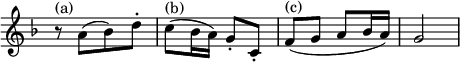 { \override Score.TimeSignature #'stencil = ##f \key f \major \time 2/4 \relative c'' { r8^\markup { (a) } a([ bes) d-.] |  c(^\markup { (b) } bes16 a) g8-.  c,-.  |  f(^\markup { (c) } ga bes16 a) |  g2 |  } }