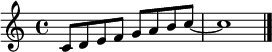 
\relative c'{
    \clef treble
    \key c \major 
    \time 4/4
    c8 d e f g a b c~
    c1
    \bar "|." 
}
