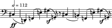 
\header {
 tagline = ##f
}

\score {
 \new Staff \with {
 \remove "Time_signature_engraver"
 }
<<
 \relative c {
 \clef bass
 \key c \major
 \time 3/2
 \tempo 2 = 112
 % \set Score.currentBarNumber = #5
 \override TupletBracket #'bracket-visibility = ##f 
 \autoBeamOff

 %%%%%%%% Hexacordes
 \partial 4 cis4\ff( | d,!-.) f!( e'!-.) gis\sf( g,!8-.) r8 cis4( | b!-.) f!( e'!-.) gis\sf( g,!8-.)

 }

>>
 \layout {
 \context {
 \remove "Metronome_mark_engraver"
 }
 }
 \midi {}
}
