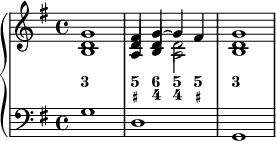 
    {
      \new PianoStaff <<
        \new Staff <<
            \new Voice \relative c' {
                 \clef treble \key g \major \time 4/4 \tempo 2 = 45 \set Score.tempoHideNote = ##t
              <b d g>1 | << {fis'4 g~ g fis} \\ {s2 d} \\ {\once \override NoteColumn.force-hshift = 0 d4 \once \override NoteColumn.force-hshift = 0 d s2} \\ {s2 \once \override NoteColumn.force-hshift = 0 a} \\ {\once \override NoteColumn.force-hshift = 0 a4 \once \override NoteColumn.force-hshift = 0 b s2}  >> |
              < b d g >1  |
                }
                \new FiguredBass {
                    \figuremode {
                     <3>1 <5 _+>4 <6 4> <5 4> <5 _+> <3>1
    }
  }
            >>
        \new Staff <<
            \new Voice \relative c' {
                \stemDown \clef bass \key g \major \time 4/4
                g1 d g,
                }
            >>
    >> }
