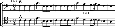  \new ChoirStaff <<
  \new Staff \relative f { \clef bass \key f \major \time 3/4 \mark \markup \tiny { ( \italic b ) }
    f4^\markup \bold "S" f f | bes4. e,8 e e | f4 f8 f f f |
    bes2 a4_\markup \tiny { ( \italic a ) } | g8. a16 g4 f | e }
  \new Staff \relative c' { \clef tenor \key f \major
    c4^\markup \bold "A" c c | f4. b,8 b b | c4 c8 c c c |
    f2 d4 | c8. d16 c4 bes! | a } >> 