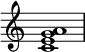 
{
\override Score.TimeSignature #'stencil = ##f
\relative c' {
   \clef treble 
   \time 4/4
   \key c \major
   <c e g a>1
} }
