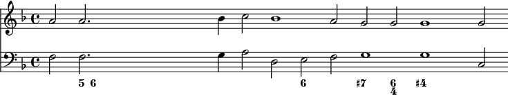 { \time 4/4 \key f \major << \relative a' { \cadenzaOn a2 a2. bes4 c2 bes1 a2 g g g1 g2 } \new Staff { \clef bass \key f \major \relative f { f2 f2. g4 a2 d, e f g1 g c,2 } } \figures { s2 <5>16 <6> s8 s2 s4 s2 s <6> s <7 +> <6 4> <4+> }
>> }