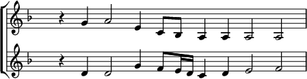 
\language "italiano"
porteeA = \relative do'' {
  \time 12/4
  \override Staff.TimeSignature.color = #white
  \override Staff.TimeSignature.layer = #-1
  r4 sol la2 mi4 do8 sib la4 la la2 la |
}
porteeB = \relative do' {
  \override Staff.TimeSignature.color = #white
  \override Staff.TimeSignature.layer = #-1
  r4 re re2 sol4 fa8 mi16 re do4 re mi2 fa |
}
\score {
  \new ChoirStaff <<
    \new Staff = "mel" <<
      \clef "treble" \key fa \major 
      \new Voice = "mel"  { \porteeA }
    >>
    \new Staff = "mel" <<
      \clef "treble" \key fa \major 
      \new Voice = "mel"  { \porteeB }
    >>
  >>
  \layout {
    \context { \Staff \RemoveEmptyStaves }
    indent = 0\cm
    line-width = #120
    \override Score.BarNumber #'stencil = ##f
  }
  \midi { }
}
\header { tagline = ##f}
