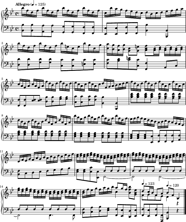 
 \relative c''{
 \new PianoStaff <<
 \new Staff {
 \key bes \major
 \tempo "Allegro" 4 = 125
 \time 4/4
 bes'16 f d f bes f d f bes f d f bes f d f c bes' a g f ees d c d bes c d ees f g a bes f d f bes f d f bes e, c e bes' g c, g'
 <a c,> <g bes,> <f a,> <g bes,> <c, g>8 <e g,> <f c a> <c a>16 (<d bes>) <c a> (<d bes>) <c a> (<d bes>) c a f a c a f a
 f' d bes d f d bes d ees c a c ees c a c d f, g a bes c d ees f d bes d f d bes d f c a c f c a c d bes g bes d bes g bes d a f a d a f a
 bes' g ees g bes g ees g bes f d f bes f d f ees f g f ees d c bes a bes c bes a g f ees d f ees g f a g bes a c bes d c ees d f
 <ees c> <f d> <ees c> <f d> <g ees> <f d> <ees c> <d bes> <c a> <d bes> <c a> <d bes> <ees c> <f d> <ees c> <f d>
 <g ees> <f d> <g ees> <f d> <ees c> <d bes> <ees c> <d bes> <c a> <d bes> <c a> <d bes> <ees c> <f d> <ees c> <f d>
 <g ees> <f d> <g ees> <f d> <ees c> <d bes> <ees c> <d bes> <c a> <d bes> <c a> <d bes> <ees c> <d bes> <ees c> <c a>
 <d bes> f ees g f a g bes << { a8 g16 f } \\ { c4 } >> <bes' f bes,>8 <ees, bes g> \tempo 4 = 123 << { d c16 bes f8 a \tempo 4 = 120 bes f bes,4 } \\ { f'8 g f ees d4 r } >>
 }

 \new Staff {
 \clef bass
 \key bes \major
 <bes bes,>8 <bes bes,> <a a,> <a a,> <g g,> <g g,> <f f,> <f f,> <ees ees,> <ees ees,> <f f,> <f f,> <bes bes,>4 <bes, bes,>
 <d' d,>8 <d d,> <d g,> <d g,> <c c,> <c c,> <c e,> <c e,> <c f,> <d bes> <e c> <c c,> <f, f,>4 a,8 c <f f,> <f f,> <f ees> <f ees>
 <bes d,> <bes d,> <bes g> <bes g> <c c,> <c c,> <c f,> <c f,> <bes bes,>4 <bes, bes,> <f'' d bes>8 <f d bes> <f d bes> <f d bes>
 <f c a> <f c a> <f c a> <f c a> <d bes g> <d bes g> <d bes g> <d bes g> <d a f> <d a f> <d a f> <d a f>
 <bes g ees> <bes g ees> <bes g ees> <bes g ees> <bes f d> <bes f d> <bes f d> <bes f d> <g ees c> <g ees c> <g ees c> <ees ees,>
 <f f,> <f f,> <f f,> <f a,> <f bes,> c d ees f g a bes <g ees> <g ees> <c ees,> <ees, ees,>
 << { f f f f f f f f f f f f f f f f f f f f } \\ { f,2~ f f~ f f4. f8 } >> <f' bes,> <a c,> <bes d,> <g ees> <f f,> <ees ees,>
 <d d,> <ees ees,> <f f,> <ees ees,> <f f,> <f, f,> <bes bes,>4 r
 \bar "|."
 } >> } 