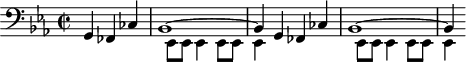 
\version "2.18.2"
\header {
  tagline = ##f
}

\score {
  \new Staff \with {

  }
<<
  \relative c {
    \clef bass
    \key c \minor
    \time 2/2
    \tempo 2 = 116
    \set Staff.midiInstrument = #"cello" 
    \override TupletBracket #'bracket-visibility = ##f 
    %\autoBeamOff

     %%%%%
     \partial 2. << { g4 fes ces' bes1~ bes4 g4 fes ces' bes1~ bes4 } \\ { \repeat unfold 2 { s1 ees,8 ees ees4 ees8 ees ees4 } } >>

  }
>>
  \layout {
     \context { \Score \remove "Metronome_mark_engraver" }
  }
  \midi {}
}
