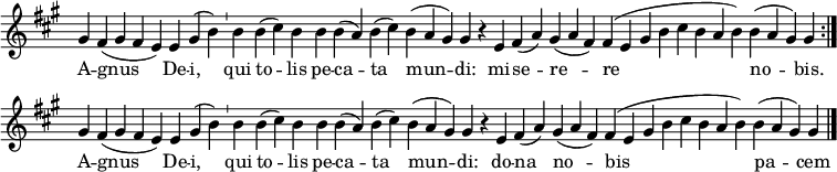 \relative e'  { \key a \major\time 21/1 { \override Score.TimeSignature.stencil=##f gis fis (gis fis e) e gis (b) \bar "'" b b (cis) b b b (a) b (cis) b (a gis) gis r e fis (a) gis (a fis) fis (e gis b cis b  a b) b (a gis) gis \bar ":|." gis fis (gis fis e) e gis (b) \bar "'" b b (cis) b b b (a) b (cis) b (a gis) gis r e fis (a) gis (a fis) fis (e gis b cis b  a b) b (a gis) gis \bar "|." }\addlyrics { A -- gnus De -- i, qui to -- lis pe -- ca -- ta mun -- di:  mi -- se -- re -- re no -- bis. A -- gnus De -- i, qui to -- lis pe -- ca -- ta mun -- di: do -- na no -- bis pa -- cem } } 