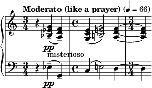 {\ new PianoStaff << \ new Staff \ related c '' {\ clef treble \ key c \ major \ time 3/4 \ tempo "Moderato (como una oración)" 4 = 66 r4 <g ees bes> 4-- (\ pp_ "misterioso" <fd a>) - |  \ tiempo 4/4 <ec g> (<ge! b!> 2) <fd a> 4 ~ |  \ tiempo 3/4 <fd a>)} \ nuevo pentagrama \ relativo c {\ clave de bajo \ tecla c \ mayor \ tiempo 3/4 r4 ees - (\ pp g, -) |  c (e! 2) d4 ~ |  \ tiempo 3/4 d} >>}