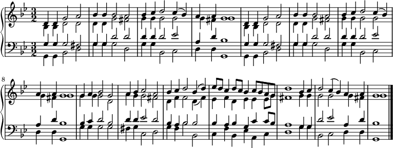 
{ \new PianoStaff <<
  \new Staff << 
    \new Voice \relative c' {\set Staff.midiInstrument = #"church organ" \set Score.tempoHideNote = ##t \tempo 4 = 120 \voiceOne \clef treble 
    \key g \minor
    \time 3/2
\language "english"
  d4 d g2 a bf4 bf bf2 a
  bf4 c d2 c4( bf) a a g1
  d4 d g2 a bf4 bf bf2 a
  bf4 c d2 c4( bf) a a g1
  g4 a bf2 g
  a4 bf c2 a
  bf4 c d2 bf4( d)
  ef8 d c4 d8 c bf4 c8 bf a g d'1
  bf4 c d2 c4( bf) a a g1
  \bar "|."
  }
   \new Voice \relative c' { \voiceTwo
  bf4 bf d2 d d4 d g2 fs
  g4 g g2 g g4 fs g1
  bf,4 bf d2 d d4 d g2 fs
  g4 g g2 g g4 fs g1
  g4 g g2 d
  a'4 g g2 fs
  d4 f f2 d4( f)
  ef4 f d ef ef ef8 g fs1
  g4 g g2 g g4 fs g1
  }  >>
  \new Staff <<
    \new Voice \relative c' {\set Staff.midiInstrument = #"church organ" \clef bass \key g \minor \time 3/2 \voiceOne
  g4 g g2 fs g4 g d'2 d
  d4 d d2 ef a,4 d bf1
  g4 g g2 fs g4 g d'2 d
  d4 d d2 ef a,4 d bf1
  bf4 c d2 bf
  d4 d ef2 d
  bf4 a bf2 bf
  bf4 a bf g c c8 bf a1
  g4 g d'2 ef a,4 d bf1
  }
   \new Voice \relative c { \voiceTwo
  g4 g bf2 d g4 g g2 d
  g4 g bf,2 c d4 d g,1
  g4 g bf2 d g4 g g2 d
  g4 g bf,2 c d4 d g,1
  g'4 g g2 g
  fs4 g c,2 d
  g4 f bf2 bf,
  c4 f bf, ef a, c d1
  g4 g bf,2 c d4 d g,1
  }
  >> >> }
