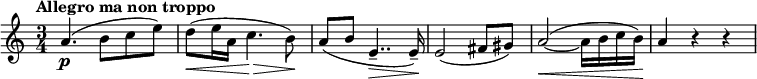 
\relative c'' {
 \set Score.tempoHideNote = ##t \tempo "Allegro ma non troppo" 4.=50 \key a \minor \time 3/4
 a4.\p ( b8 c e) d\< ( e16 a, c4.\> b8\! ) a( b e,4..--\> e16--\! )
 e2( fis8 gis) a2~\< ( a16 b c b\! ) a4 r r
}
