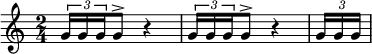 
{\numericTimeSignature \time 2/4  
{\times 2/3  {g'16 g'16 g'16}g'8^> r4}  
{\times 2/3 {g'16 g'16 g'16} g'8^> r4}  
{\partial 8 \times 2/3 {g'16 g'16 g'16} }
} 
