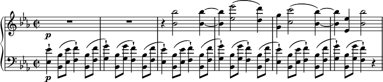 
{ \new PianoStaff <<
\new Staff \relative bes' { \set Staff.midiInstrument = #"string ensemble 1" \key c \minor \clef treble \time 2/2 \set Score.tempoHideNote = ##t \tempo 2 = 60
  R1*2\p | % 3
  r4 <bes bes'>2 <bes bes'>4 ~ ~ | % 4
  <bes bes'>4 <es es'>2 ( <d d'>4 ) | % 5
  <g, g'>4 <c c'>2 ( <bes bes'>4 ) ~ ~ | % 6
  <bes bes'>4 <es, es'>4 <bes' bes'>2
  }
\new Staff \relative es { \set Staff.midiInstrument = #"string ensemble 1" \key c \minor \clef bass \time 2/2
  <es es'>4 \p -! <bes bes'>8 ( <es
  es'>8 <f f'>4 ) -! <bes, bes'>8 ( <f' f'>8 | % 2
  <g g'>4 ) -! <bes, bes'>8 ( <g' g'>8 <f f'>4 ) -! <bes, bes'>8 ( <f'
  f'>8 | % 3
  <es es'>4 ) -! <bes bes'>8 ( <es es'>8 <f f'>4 ) -! <bes, bes'>8 (
  <f' f'>8 | % 4
  <g g'>4 ) -! <bes, bes'>8 ( <g' g'>8 <f f'>4 ) -! <bes, bes'>8 ( <f'
  f'>8 | % 5
  <es es'>4 ) -! <bes bes'>8 ( <es es'>8 <f f'>4 ) -! <bes, bes'>8 (
  <f' f'>8 | % 6
  <g g'>4 ) -! <bes, bes'>8 ( <g' g'>8 <f f'>4 ) -! r4 \! }
>> }
