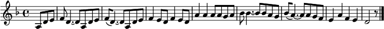 
\relative c'  {
  \language "deutsch"
  \set Staff.midiInstrument = #"accordion" \set Score.tempoHideNote = ##t \tempo 8 = 220
  \clef treble
  \key f \major
  \partial 4. a8 d e
  f8 d4.~ d8 a d e
  f8[ (d4.)~] d8 a d e
  f4 e8 d f4 e8 d
  a'4 a a8 a g a
  b b4.~ b8 b a g
  b[ (a4.)~] a8 a g f
  e4 a f e
  d2 r8
  \bar "|."
}
